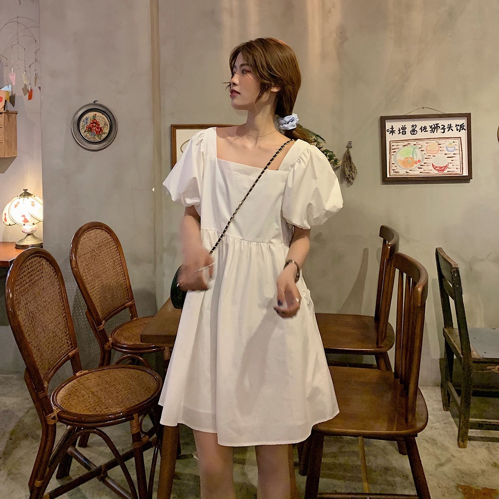 Đầm Tay Ngắn Cổ Vuông Màu Sắc Đơn Giản Dễ Phối Đồ Phong Cách Hàn Quốc