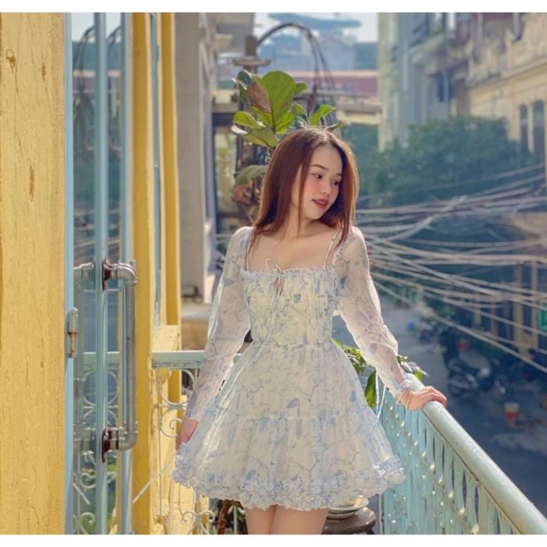 Đầm voan hoa xanh dáng xòe nhún ngực thắt nơ