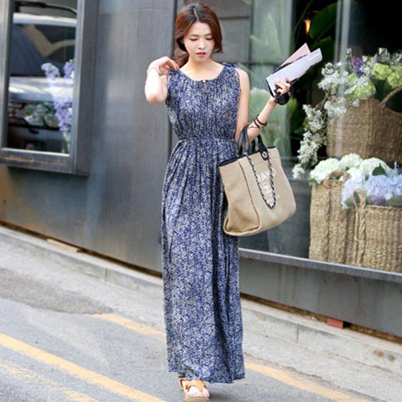 FREESHIP ĐƠN 99K_ Đầm dài xanh in hoa kiểu retro