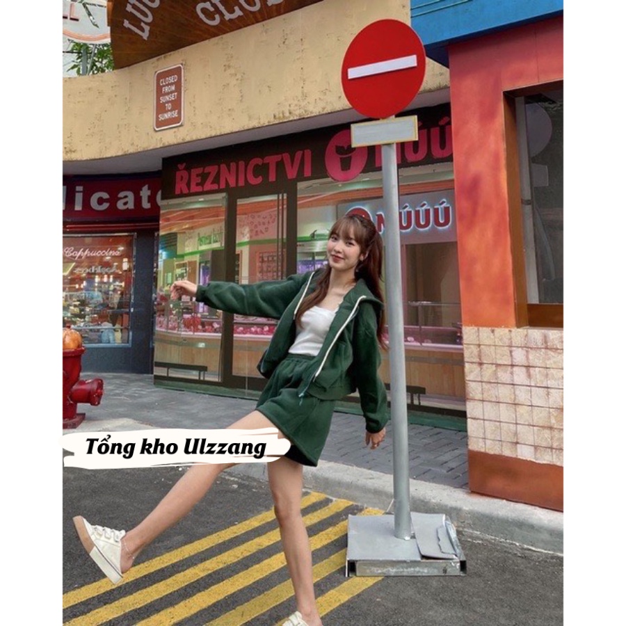 Set hoodie nỉ kéo khóa có mũ mix quần short nữ phong cách thể thao khỏe khoắn
