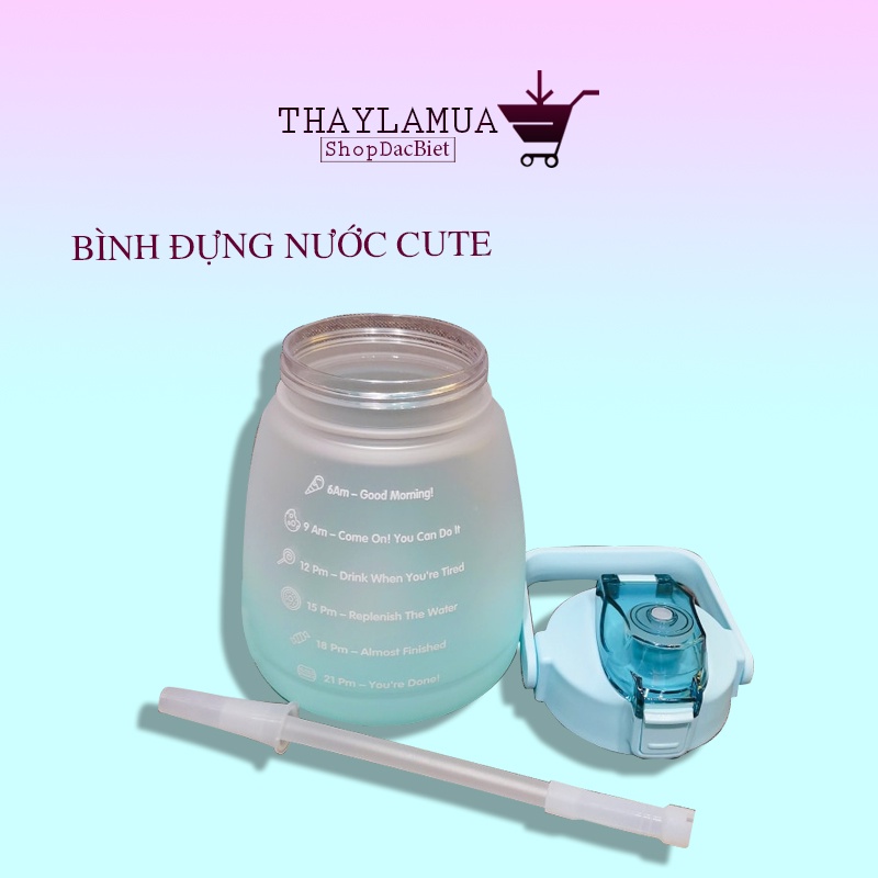 Bình đựng nước 1.3L màu nhám có dây đeo tặng kèm ống và sticker trang trí (BNN13)