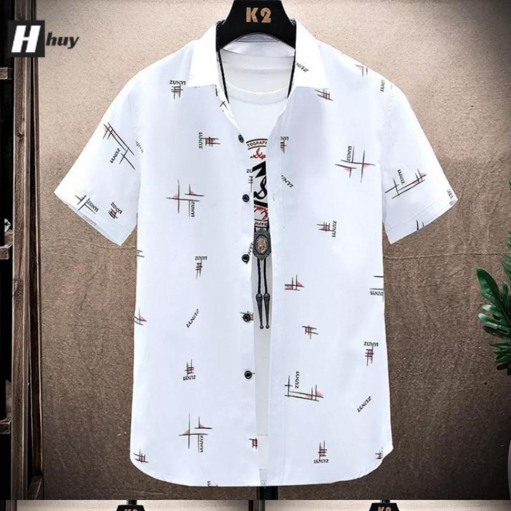 Áo Sơ Mi Nam Ngắn Tay Hàn Quốc Phối Họa Tiết Chất Vải Kate Mềm Mịn Không Nhăn, Không Phai Màu- Màu Trắng