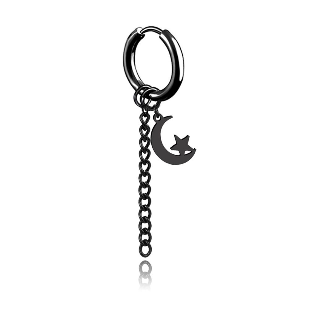 Bông tai dạng khoá/kẹp inox hình ngôi sao mặt trăng/chữ Trung Quốc gắn dây xích dài phong cách Punk