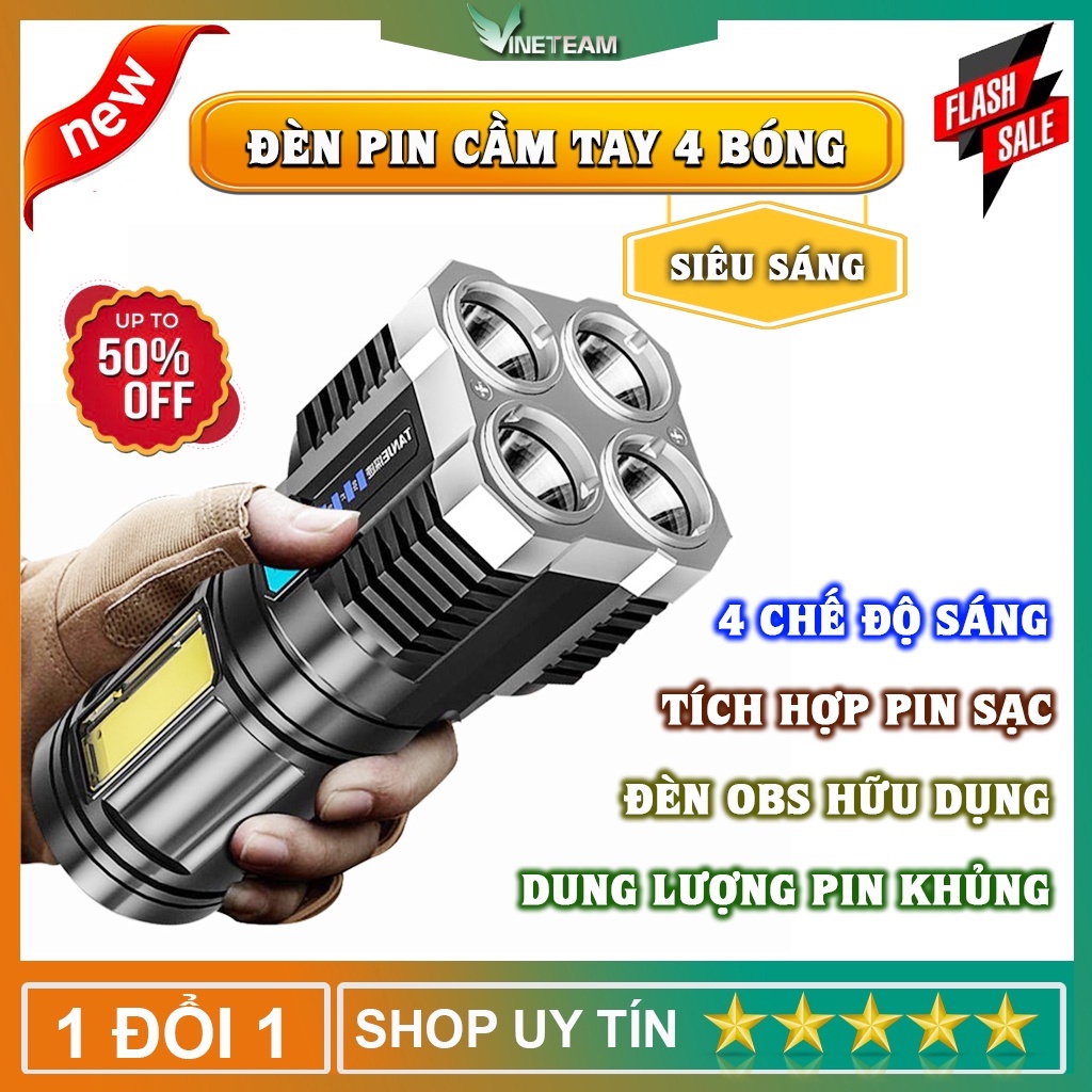 Đèn Pin Siêu Sáng Cầm Tay Chiếu Xa 4 Chế Độ Sáng Tiện Dụng, Có COB Đèn LED, Dùng pin Sạc ,Đèn Pin Mini 4 Bóng -dc4708