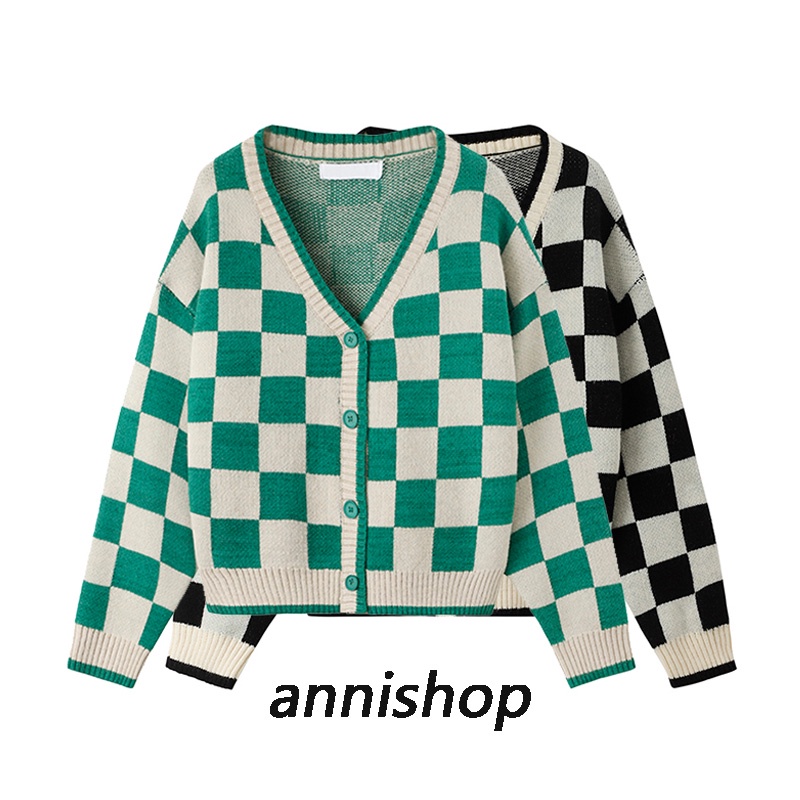 NUZIRO Áo khoác cardigan  dệt kim cổ chữ V dáng rộng họa tiết caro thời trang dành cho nữ