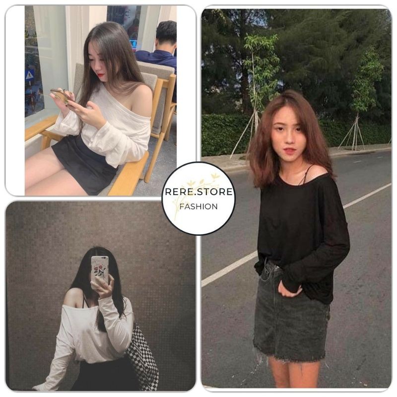 Áo Thun Xước Lệch Vai Dài tay Nữ - Rere.Store [FREESHIP] - Áo phông giấy mỏng dáng suông ôm bánh bèo tiểu thư sexy HOT