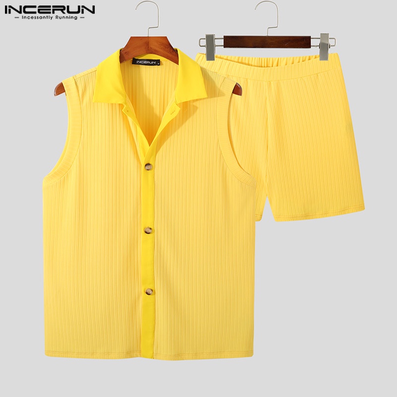 Bộ áo không tay và quần short INCERUN dệt kim màu trơn đơn giản cho nam