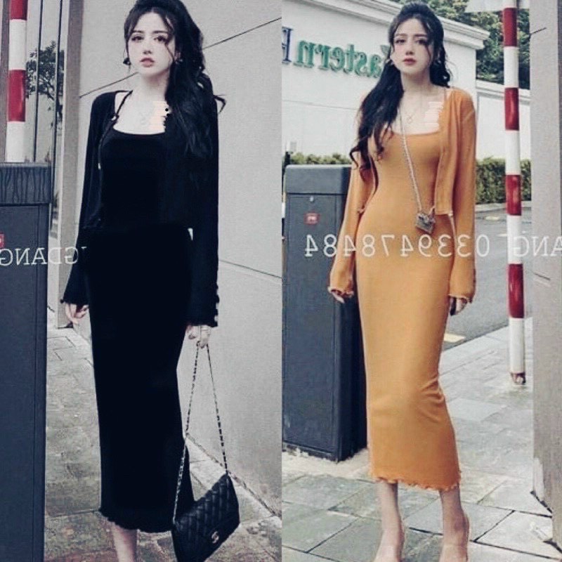 Set đầm ôm body hai dây xẻ sau kèm áo khoát tay dài siêu hack dáng + ảnh thật