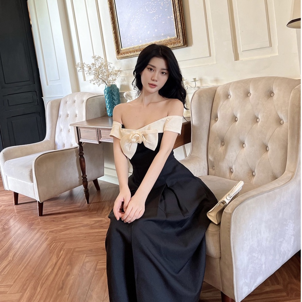 Đầm Dự Tiệc Thiết Kế Trễ Vai Nơ Ngực Kèm Tag Hoa HNK378