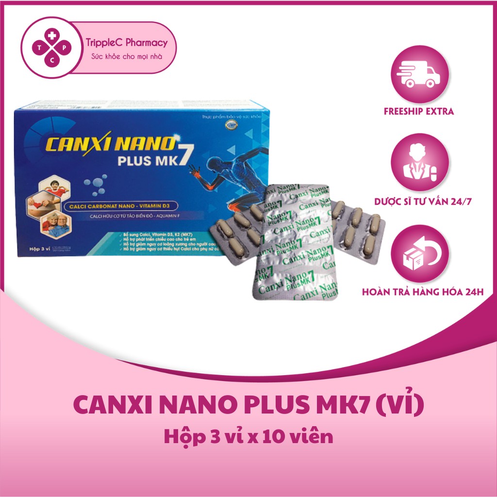 Canxi Nano Plus MK7 (vỉ) - Calci hữu cơ cho trẻ em, thanh thiếu niên, người cao tuổi, phụ nữ có thai (Hộp 30 viên)