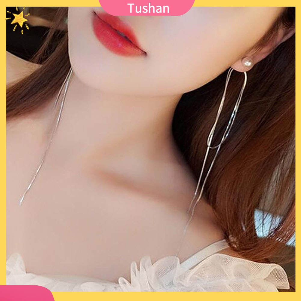 Khuyên tai tua rua dáng dài đính ngọc trai nhân tạo cho nữ TUSH