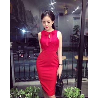 Đầm body thắt nơ cổ ( kèm hình thật )
