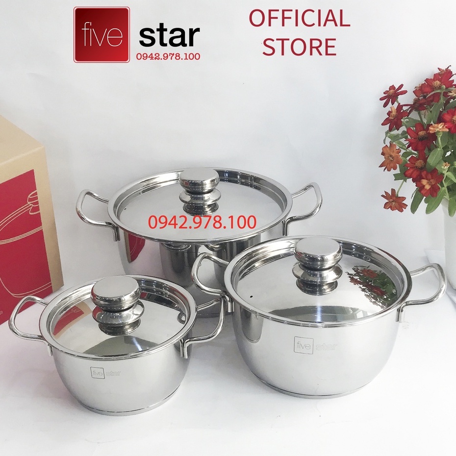 Bộ nồi Fivestar Standard 3 chiếc nắp inox FS-B3010 (Kích thước 16cm - 20cm - 24cm) , 3 đáy dùng được mọi bếp