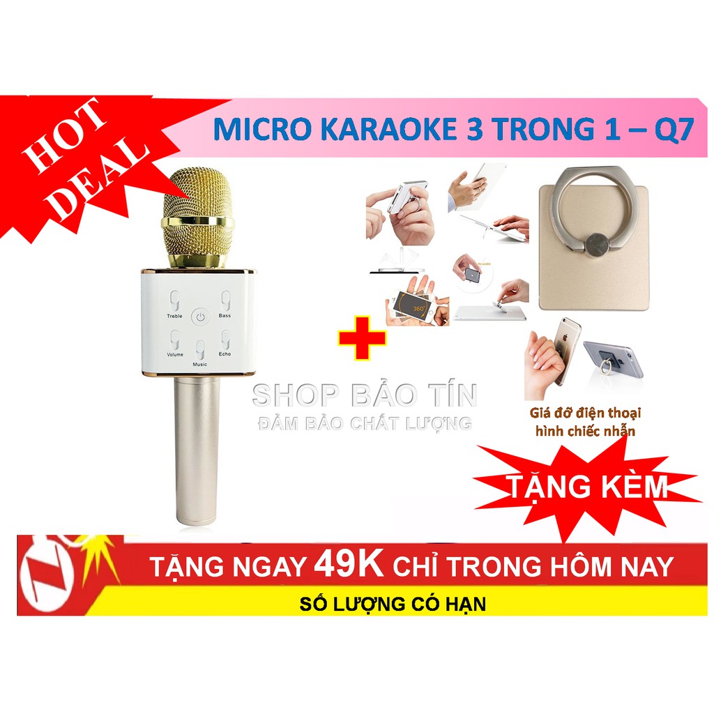 Micro hát karaoke Q7 kết hộ nghe nhạc co kết nối bluetooth tặng kèm giá đỡ điện thoại hình chiêc nhẫn thời trang