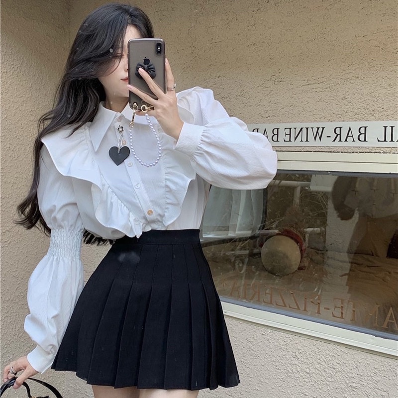 Set sơ mi cánh tiên + chân váy tennis phong cách ulzzang điệu đà cho bạn nữ