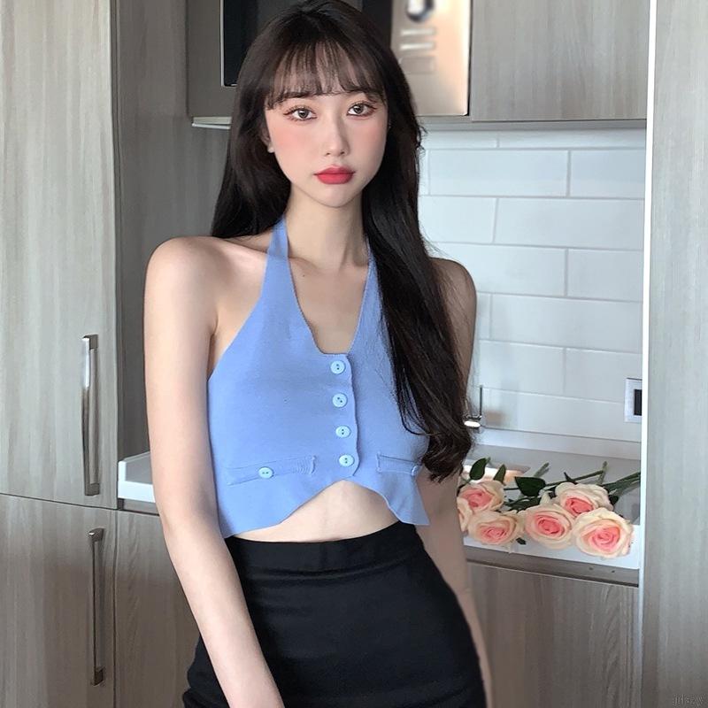 Áo Croptop Dệt Kim Màu Trơn Phong Cách Hàn Quốc Gợi Cảm Cho Nữ