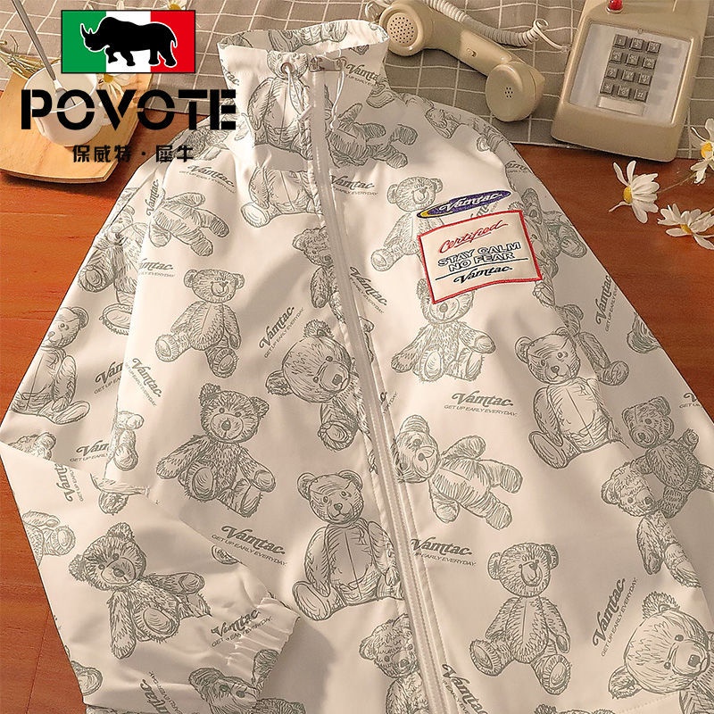 Áo Khoác Chống Nắng Dáng Rộng Cổ Đứng In Họa Tiết Gấu Kiểu vintage Thời Trang Mùa Hè Cho Nam