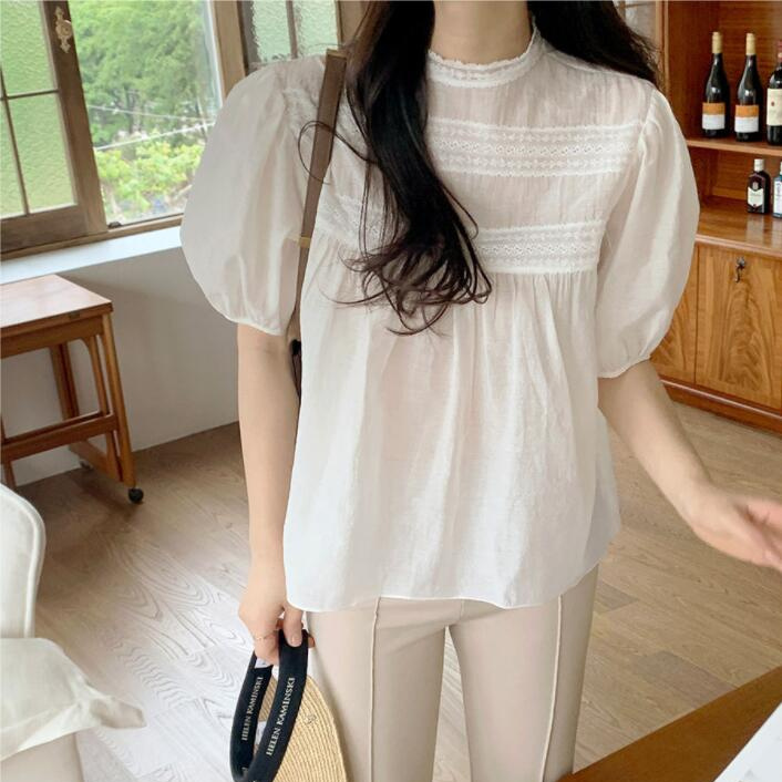 Áo Sơ Mi Tay Ngắn Cổ Búp Bê Phối Ren Phong Cách Hàn Quốc Thời Trang Cho Nữ