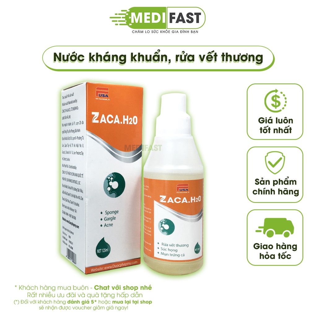 Nước sát trùng Zaca H2O, rửa vết thương hở ngoài da, mụn trứng cá, sơ cứu chầy xước tay chân cồn xát khuẩn