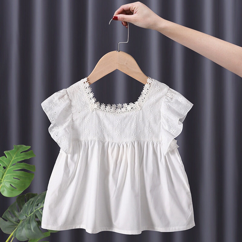 Áo Thun Cotton Cổ Tròn Viền Ren Màu Trơn Thời Trang Cho Bé Gái