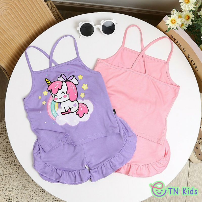 Bộ 2 dây thun lạnh Minky Mom họa tiết bé gái / Đồ bộ 2 dây cho bé