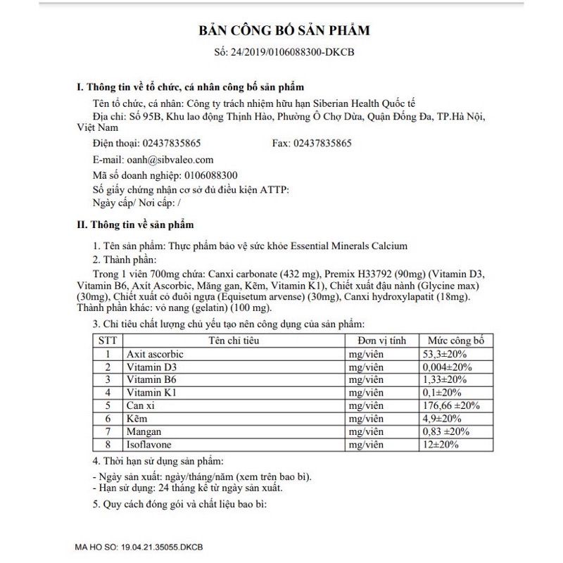 Canxi hữu cơ siberian Nga.