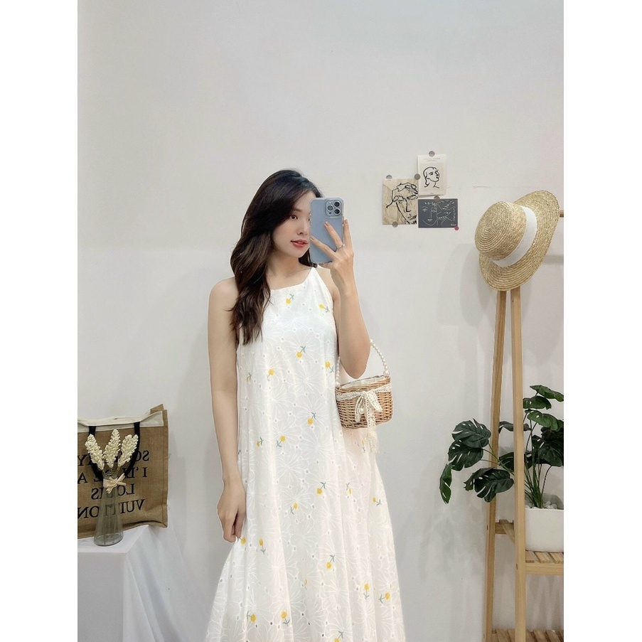 Đầm yếm dáng suông form rộng, Váy yếm 2 dây màu trắng Cao Cấp kate thêu hoa nhí, sát nách cổ tròn - MiNhi