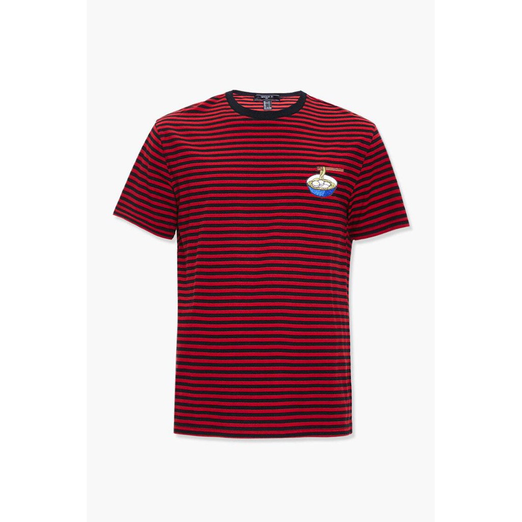 Áo Thun Đỏ Sọc Đen Kèm Hình Thêu Ngực Trái [F21 Cotton 100%]