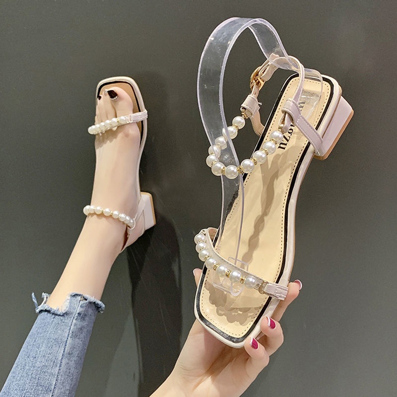 Giày Sandal Gót Vừa Dày Vừa Quai Đính Ngọc Trai Thời Trang Mùa Hè Dành Cho Nữ 2022