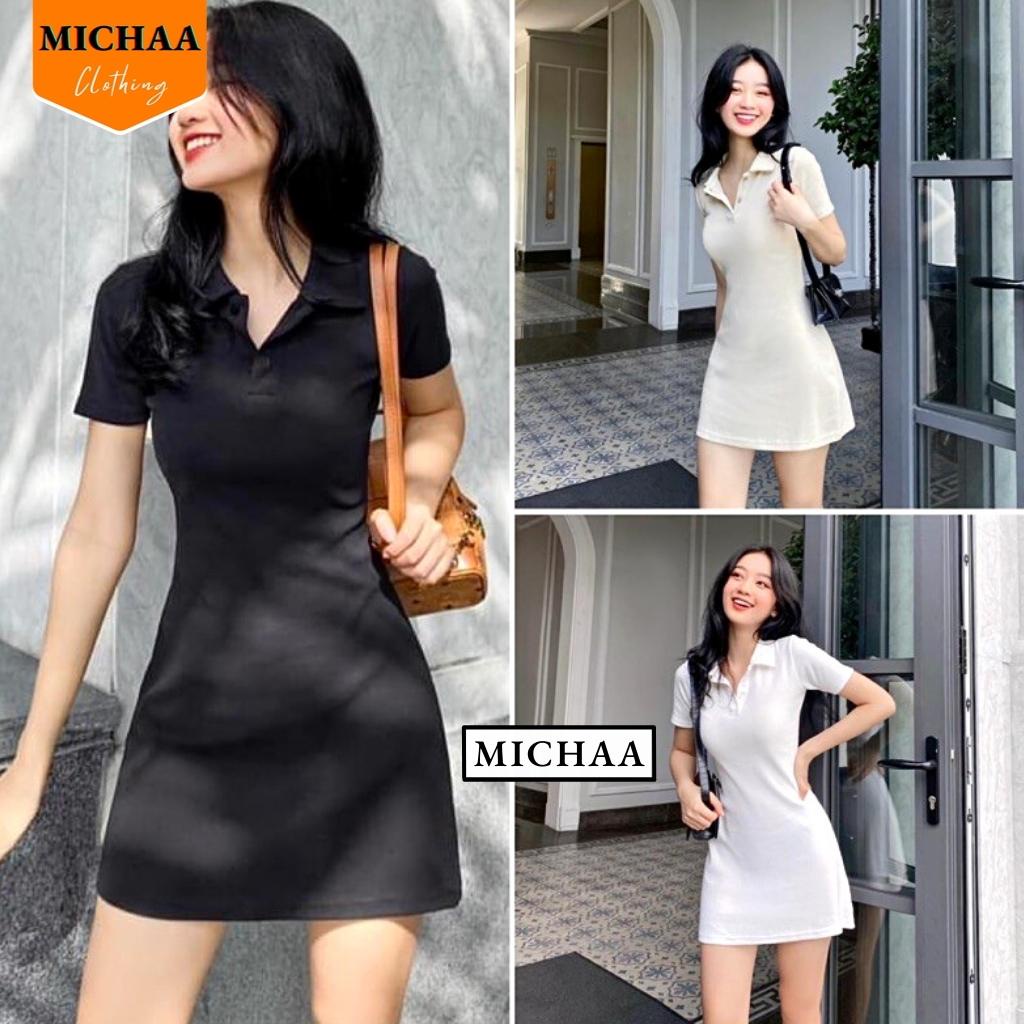 Đầm Váy Body CỔ POLO TRƠN Dáng Xoè Nữ Thun Kiểu Đẹp Ôm Gợi Cảm - MICHAA