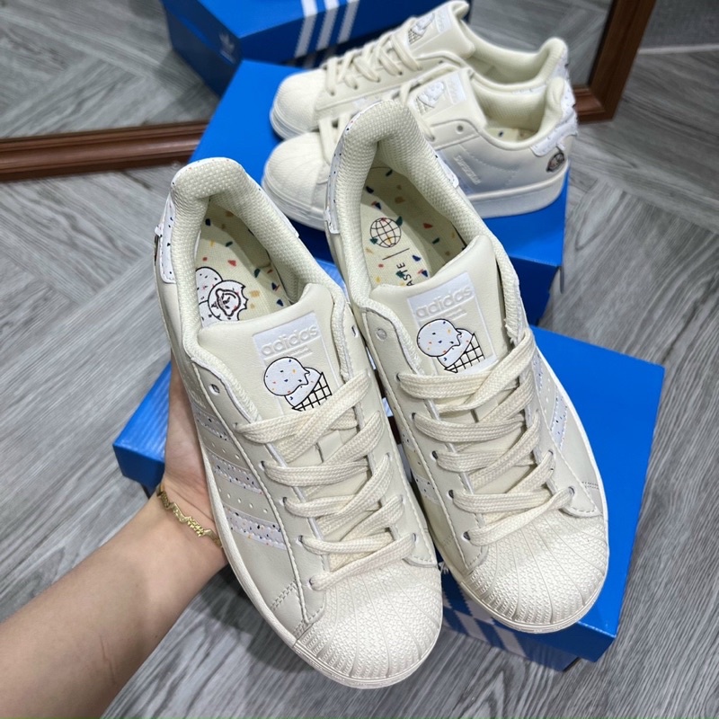 Giày thể thao nam nữ CT adidas Superstar kem mũi sò candy, giày das 3 sọc trắng kem S cấp full hộp