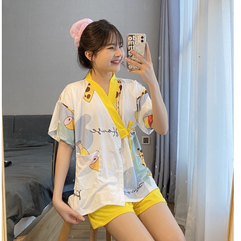 Đồ bộ nữ, bộ đồ ngủ kimono pijama cộc tay mặc nhà chất liệu cotton kiểu Nhật - Poohouse KIMONO-NHIEUMAU