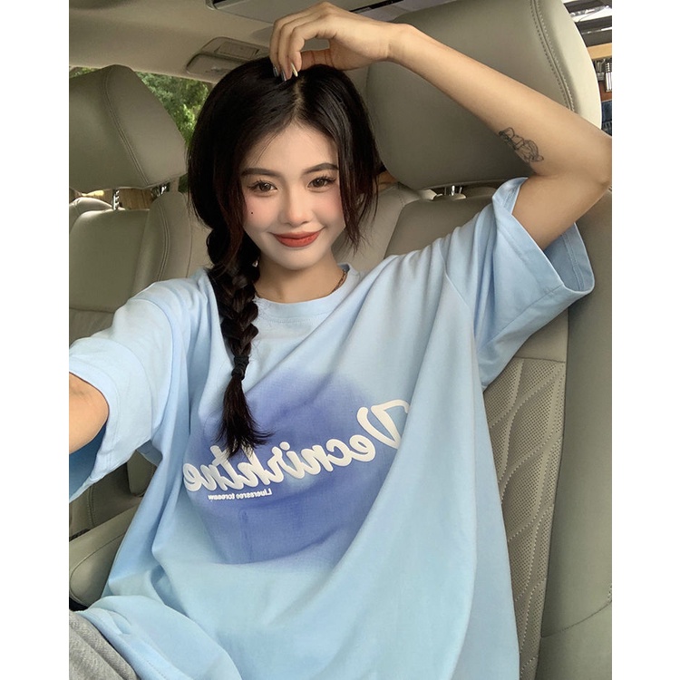 COZOK Áo Thun Tay Ngắn Dáng Rộng Màu gradient In Chữ Phong Cách Hàn Quốc