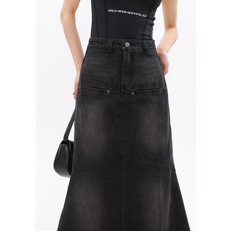 Chân váy denim lưng cao phong cách retro mùa hè thu dành cho nữ