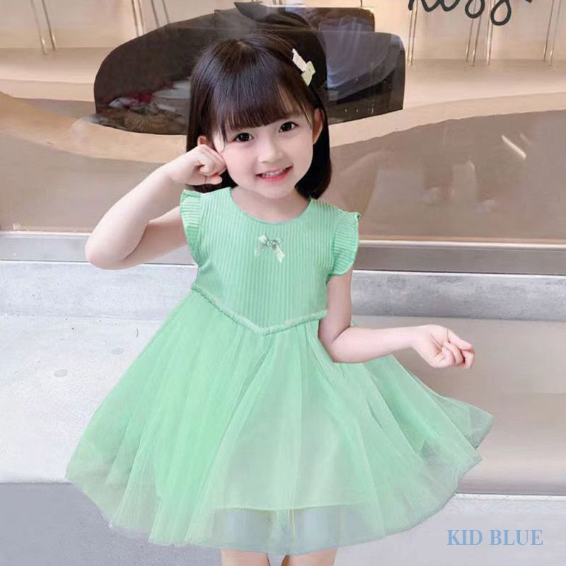 Đầm Công Chúa Không Tay Màu Trơn Phối Lưới Đính Nơ Xinh Xắn Cho Bé Gái
