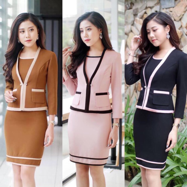 Set đầm áo khoác phối viền SV23 cao cấp