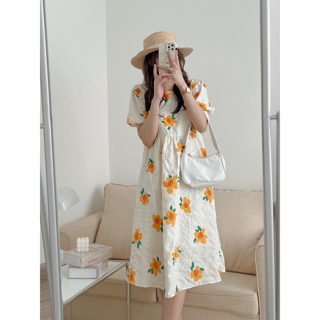 Đầm - Váy babydoll hoa cam đũi xốp dáng dài tay bồng ulzzang