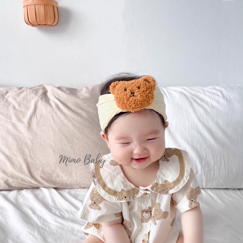 Băng đô bản to thun gân đính gấu bông xù đáng yêu cho bé BD67 Mimo Baby