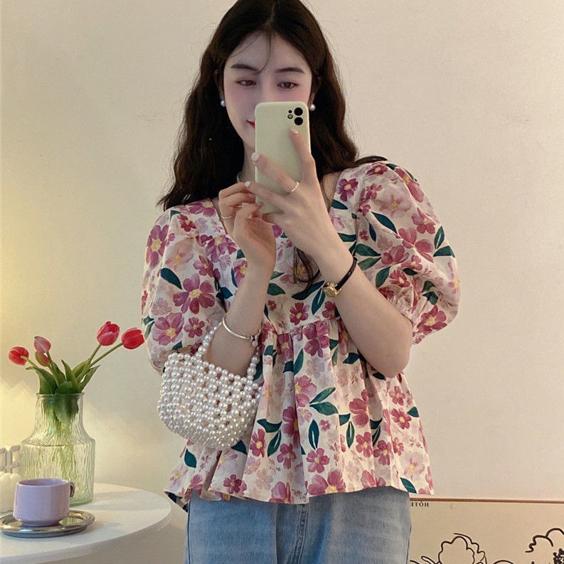 Áo Sơ Mi Cổ Vuông Họa Tiết Hoa Thời Trang Mùa Hè Dễ Thương Cho Nữ