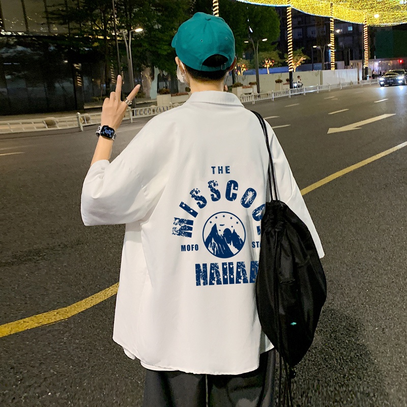 Áo sơ mi IFNICEFUTURE vải lụa mát tay ngắn dáng rộng in họa tiết phong cách Hàn Quốc năng động cho nam