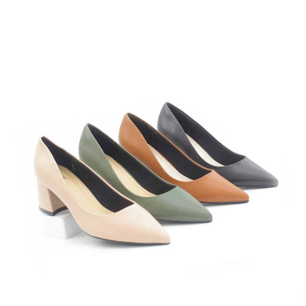 Giày Cao Gót Đế Vuông 5cm Mũi Nhọn Basic màu xanh rêu P055