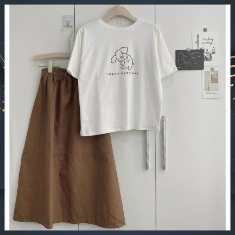 [ free ship]Set Bộ Áo Thun Mix  Chân Váy Nâu Cạp Chun Hàng QC Loại 1 | BigBuy360 - bigbuy360.vn