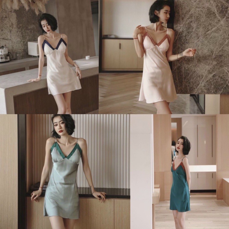♥️ Shop Uy Tín ♥️Váy ngủ lụa phối viền có mút ngực siêu mát siêu nhẹ hàng xịn