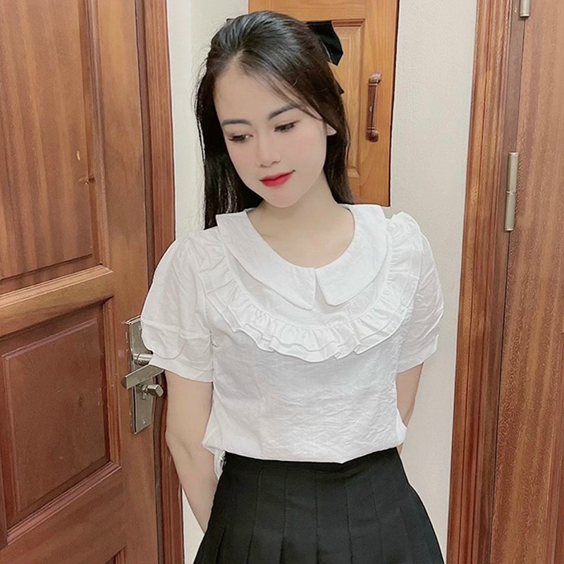 Áo Sơ Mi Nữ Kiểu Chất Đũi Ngắn Tay Cổ Tròn Sen Bèo - 5 Màu Trắng Vàng Xanh Hồng Đỏ - Hanlly Fashion Thời Trang - A15