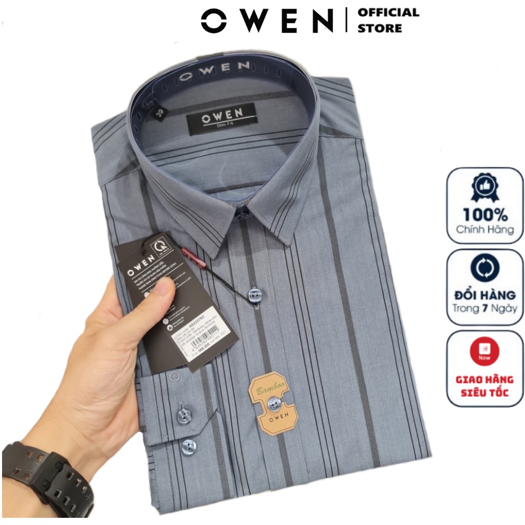 Áo Sơ Mi Nam Dài Tay Owen AS23379D Somi Công Sở Cao Cấp Màu Ghi Xám Kẻ Sọc Dáng Slim Fit Không túi Chất Liệu Sợi Tre