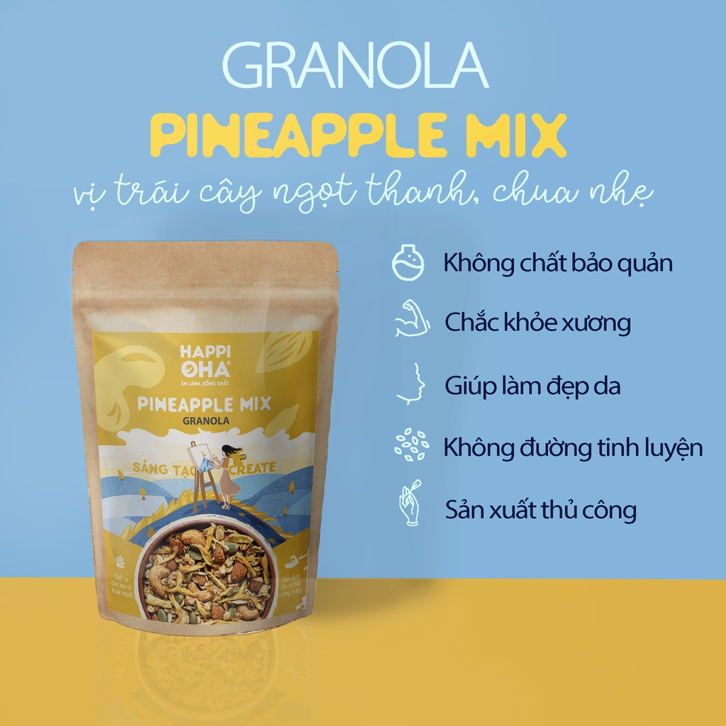 Ngũ Cốc Ăn Sáng/Ăn Kiêng Không Đường Tinh Luyện Vị Dứa 40g - Granola Pineapple Mix HAPPI OHA