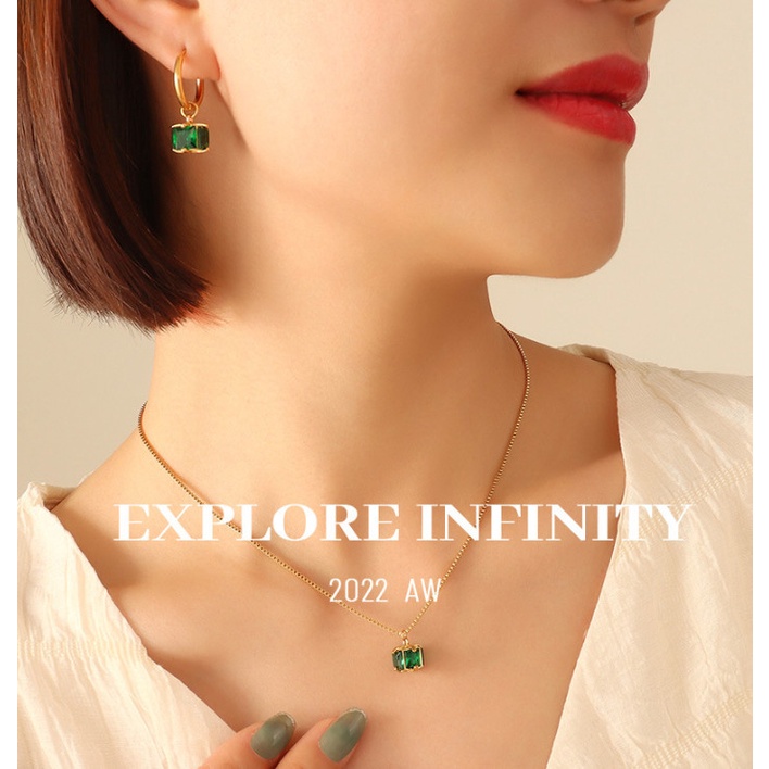 Bộ Trang Sức Bông Tai Và Dây Chuyền Đá Nhân Tạo Màu Xanh Lá Titan Ko Đen TT 4252