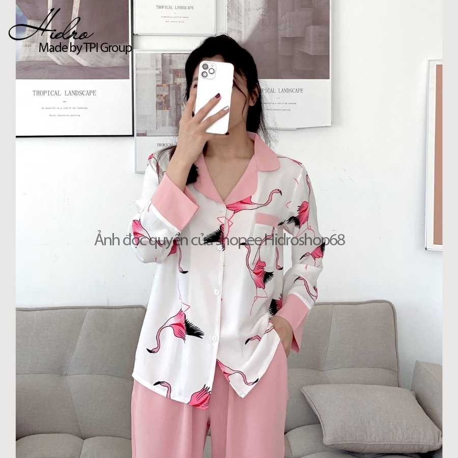 Bộ Pijama Lụa Hạc Dài Tay Chất Lụa Cao Cấp Mềm Mịn Mát