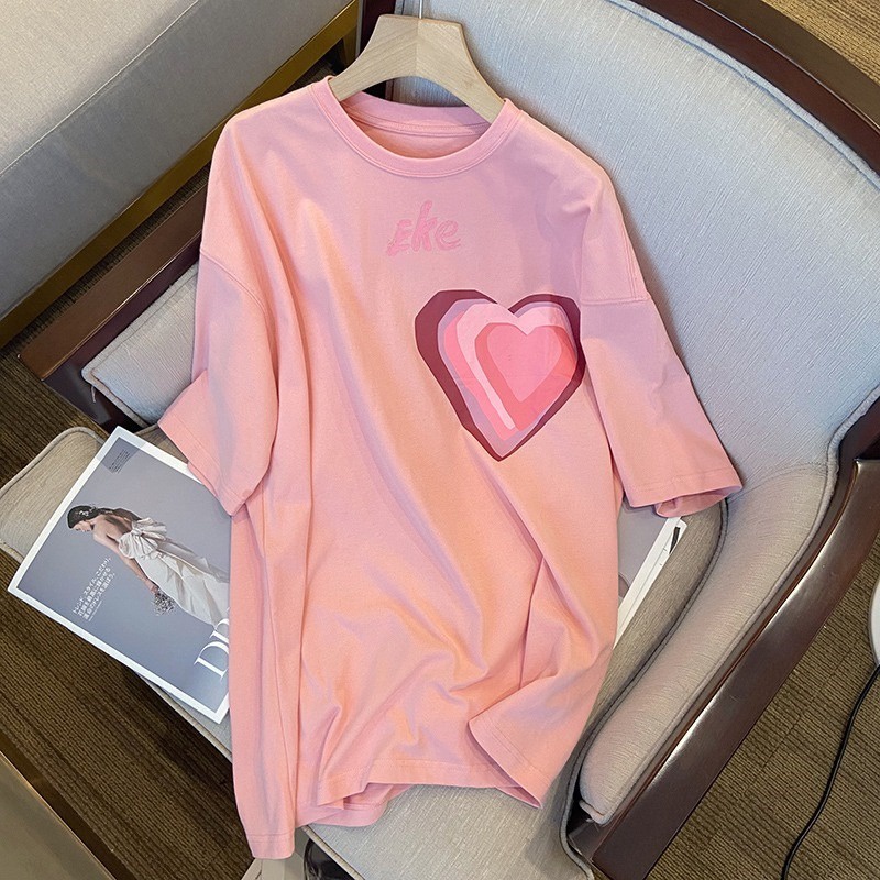 Áo thun ZHELIHANGFEI tay ngắn dáng rộng in hình trái tim thời trang cho nữ