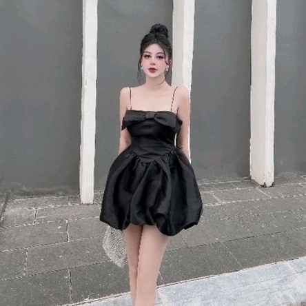 Váy Bí 2 Dây Nơ Eo Xinh, Đầm 2 dây Bí phồng về 3 màu trắng, đen, xanh cực sáng da